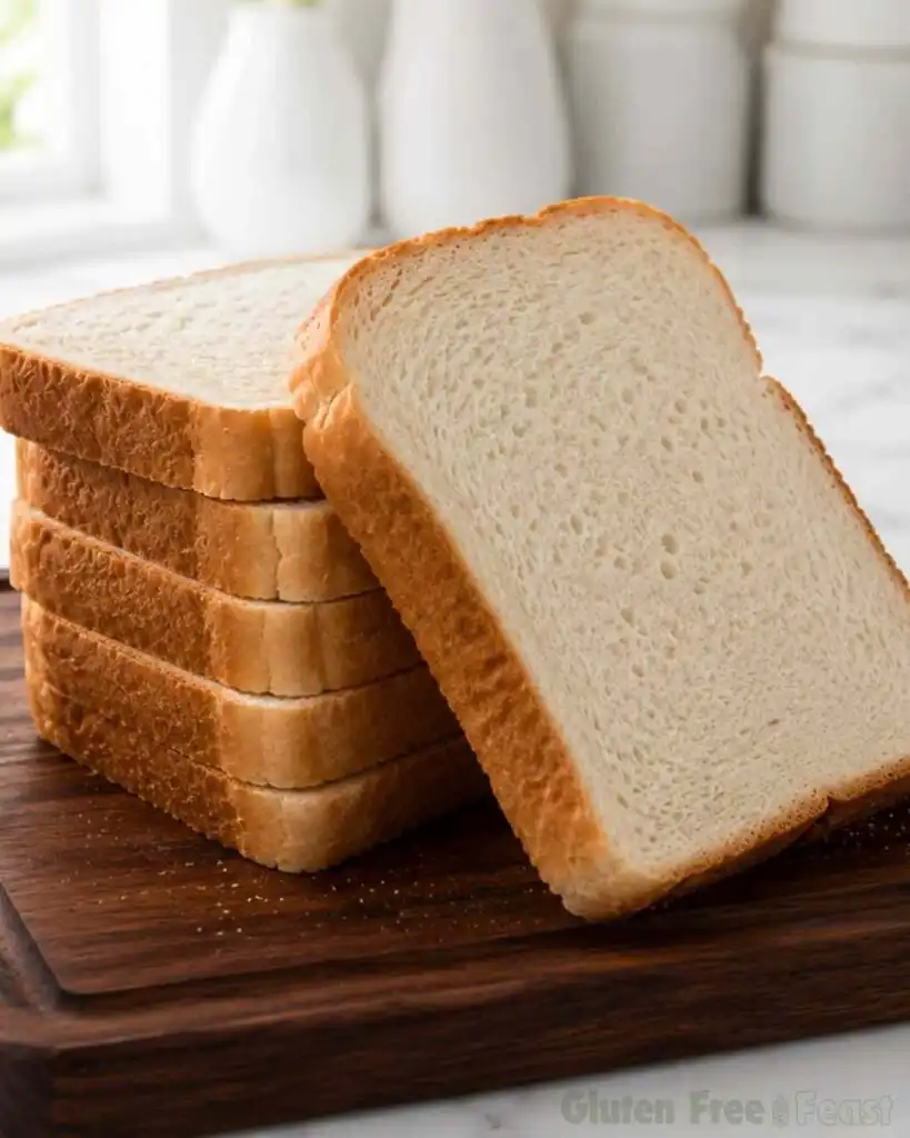 Vertical close-up of homemade gluten free sandwich bread slices.