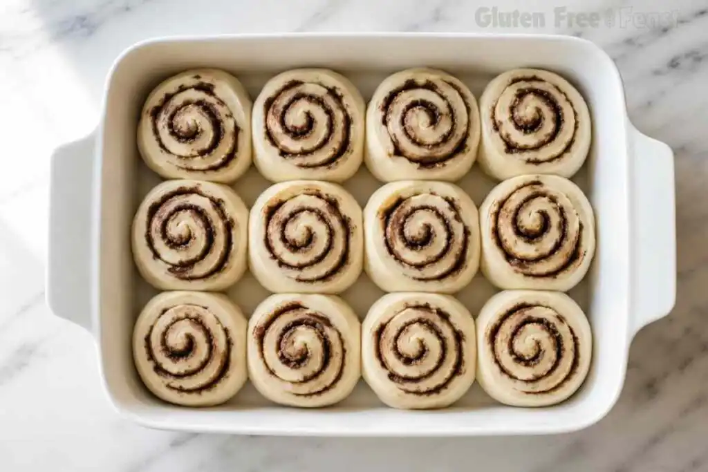 Unbaked gluten free cinnamon rolls arranged in a white baking dish