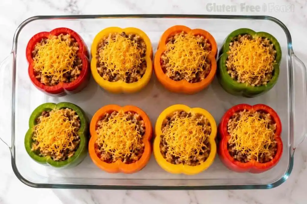 Bell peppers filled with ground beef and rice mixture, topped with shredded cheddar before baking.