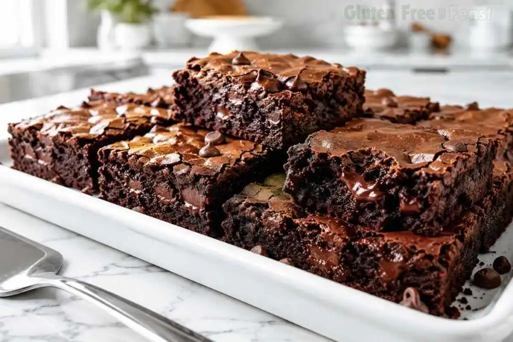 Rich fudgy gluten free brownies with crackly tops and moist chocolate centers.