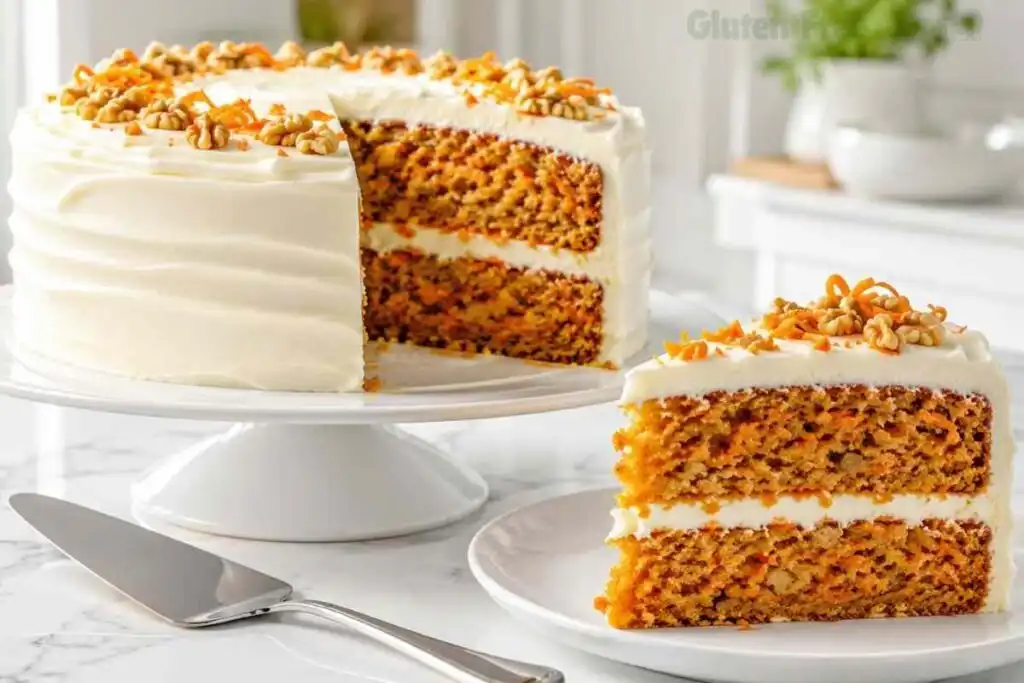 Moist gluten free carrot cake with cream cheese frosting and visible cake layers.