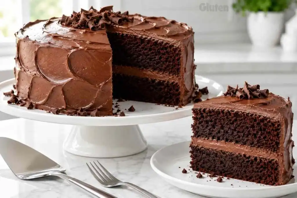 Rich gluten free chocolate layer cake with smooth chocolate frosting and moist crumb.