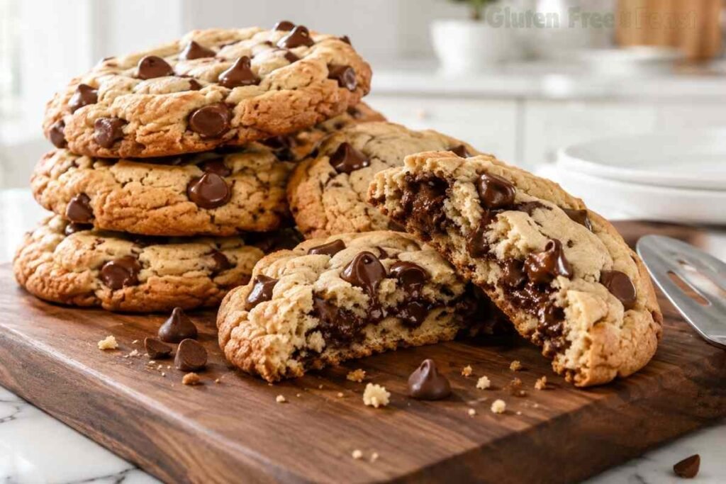 Stack of gluten free chocolate chip cookies with golden edges and gooey chocolate chips on a white plate.