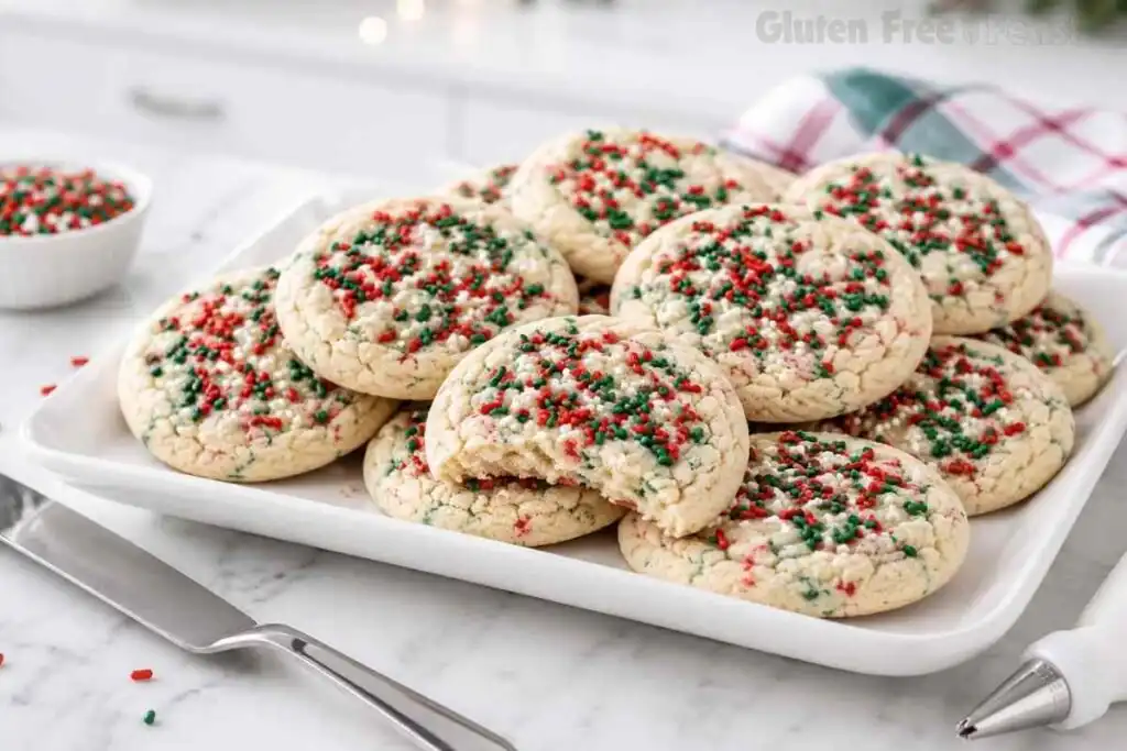 Assorted decorated gluten free Christmas cookies in festive holiday shapes on a white serving platter.