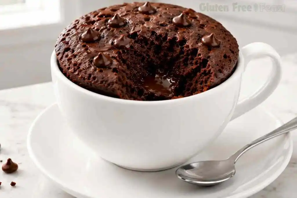 Warm gluten free chocolate mug cake with a soft fluffy center served in a white ceramic mug.