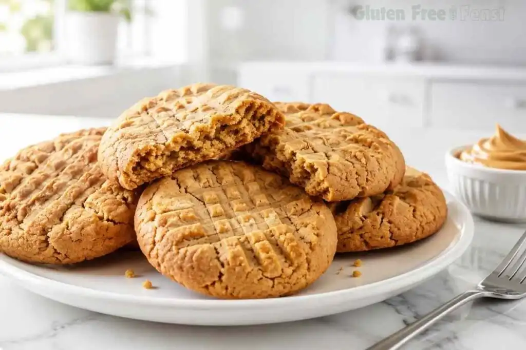 Soft gluten free peanut butter cookies with classic crisscross tops on a white ceramic plate.