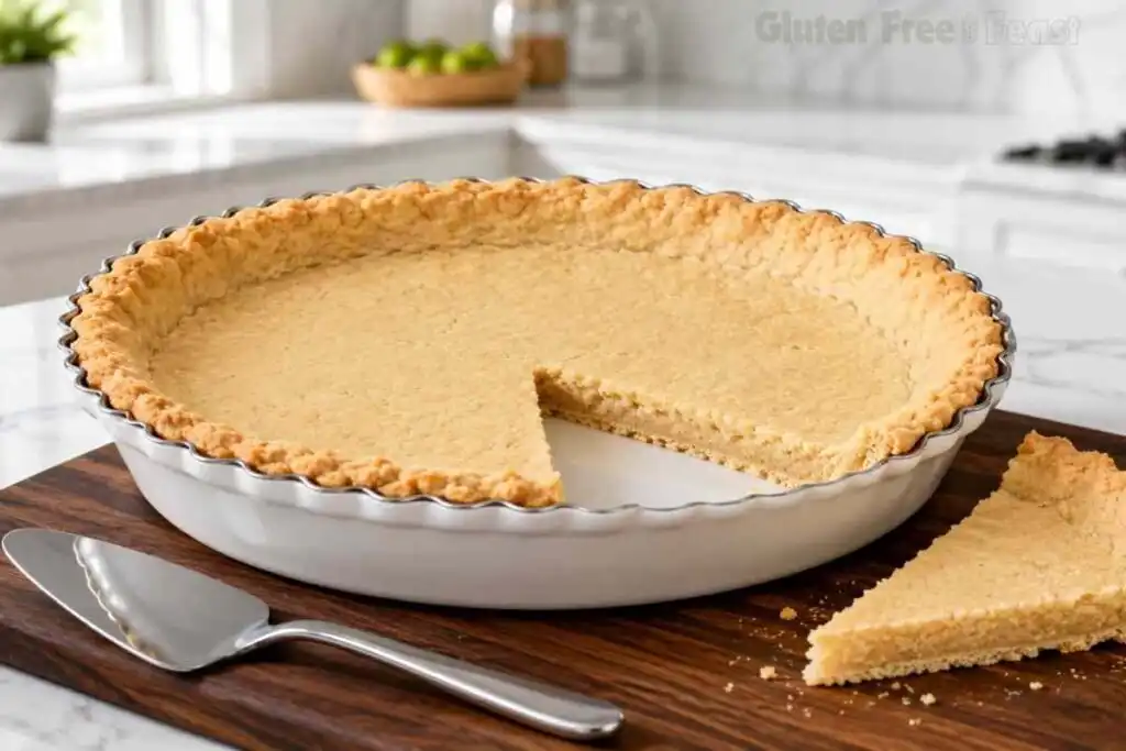 Golden flaky gluten free pie crust with beautifully crimped edges in a white pie dish.
